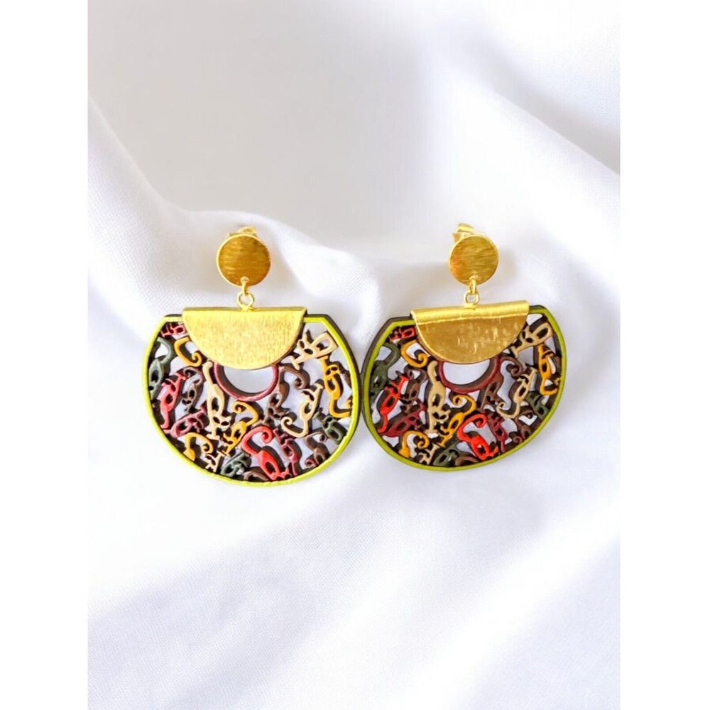 Lightweight Hand-Painted CatWood Earrings | Gold-Plated Artisan Jewelry‎ from Co